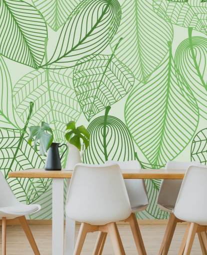 carta da parati murale con foglie verdi chiamata Green Leaves per camere da letto, bagni e cucine