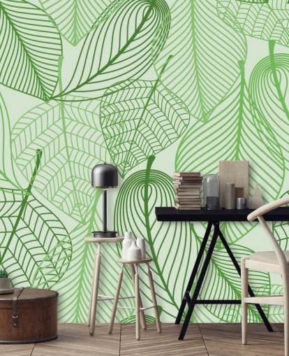 behangmuurschildering met groene bladeren genaamd Green Leaves voor slaapkamers, badkamers en keukens