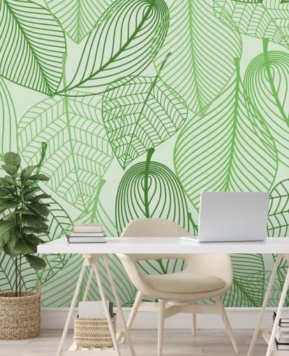 mural de papel pintado de hojas verdes llamado Hojas verdes para dormitorios, baños y cocinas