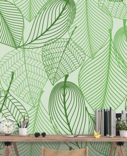 carta da parati murale con foglie verdi chiamata Green Leaves per camere da letto, bagni e cucine