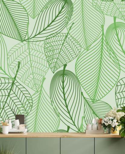green leaf wallpaper mural called Green Leaves for bedrooms, bathrooms and kitchens