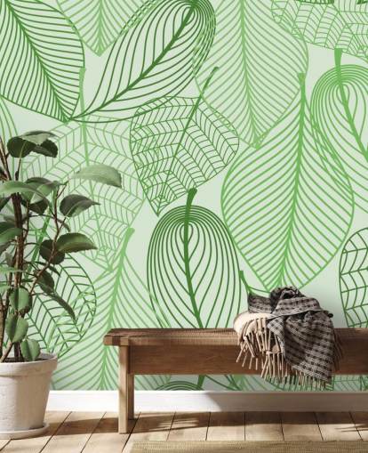 vihreiden lehtien taustakuvamaalaus nimeltä Green Leaves makuuhuoneisiin, kylpyhuoneisiin ja keittiöihin vihreiden lehtien taustakuvamaalaus nimeltä Green Leaves makuuhuoneisiin, kylpyhuoneisiin ja keittiöihin