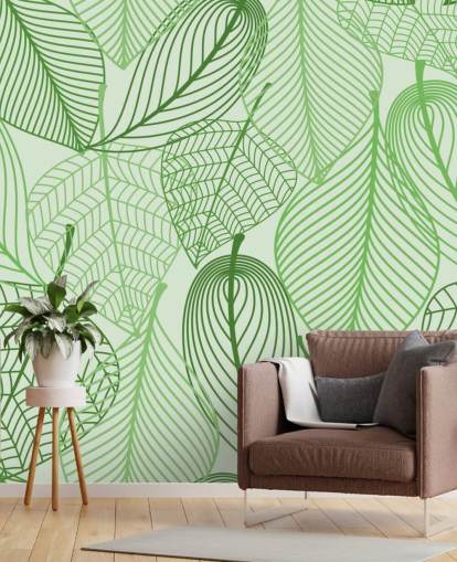 papier peint mural à feuilles vertes appelé Green Leaves pour les chambres, les salles de bain et les cuisines
