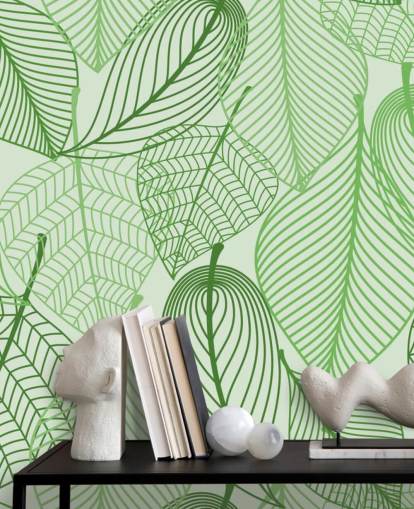 mural de papel pintado de hojas verdes llamado Hojas verdes para dormitorios, baños y cocinas