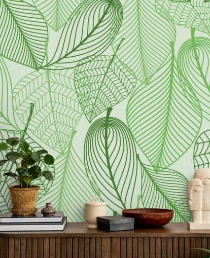 mural de papel pintado de hojas verdes llamado Hojas verdes para dormitorios, baños y cocinas
