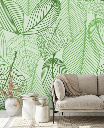 carta da parati murale con foglie verdi chiamata Green Leaves per camere da letto, bagni e cucine