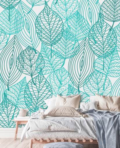 Blue Drawn Leaves Wallpaper