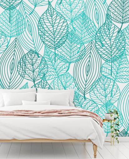 Papel pintado de hojas dibujadas azules