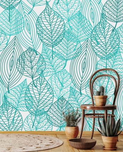 Papier peint de feuilles dessinées bleues