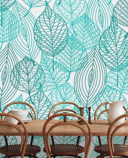 Papel de parede azul desenhado folhas