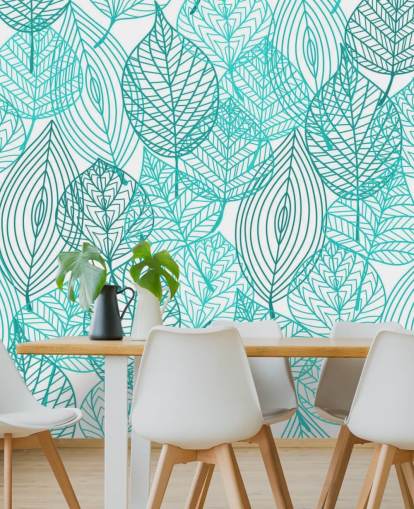 Papier peint de feuilles dessinées bleues