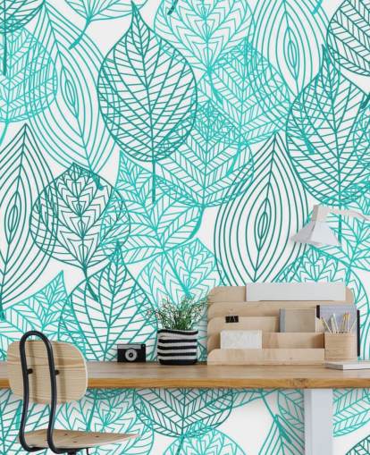 Papier peint de feuilles dessinées bleues