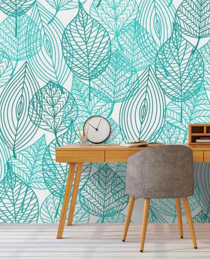 Papier peint de feuilles dessinées bleues