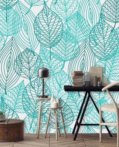 Papel pintado de hojas dibujadas azules