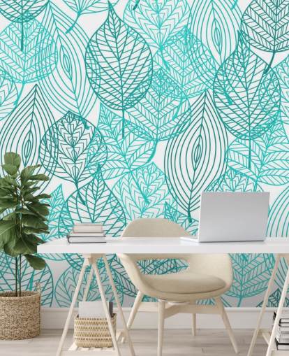 Papier peint de feuilles dessinées bleues
