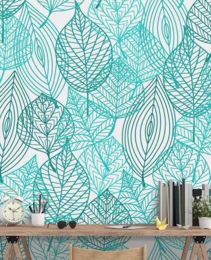 Papel pintado de hojas dibujadas azules