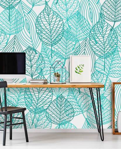 Papel pintado de hojas dibujadas azules