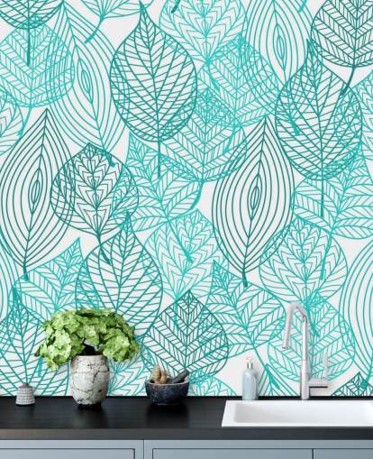 Papier peint de feuilles dessinées bleues