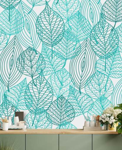 Papel pintado de hojas dibujadas azules