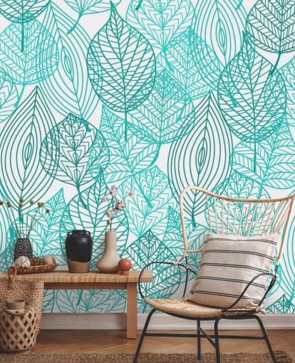 Blue Drawn Leaves Wallpaper