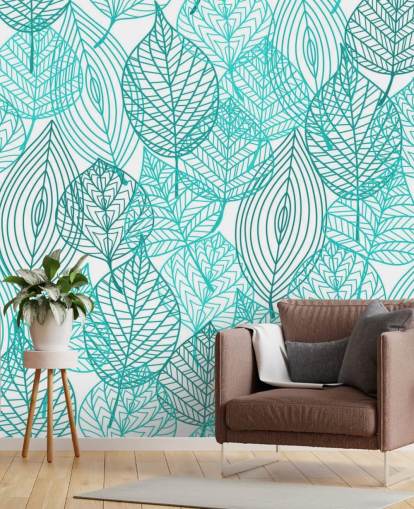 Papel de parede azul desenhado folhas