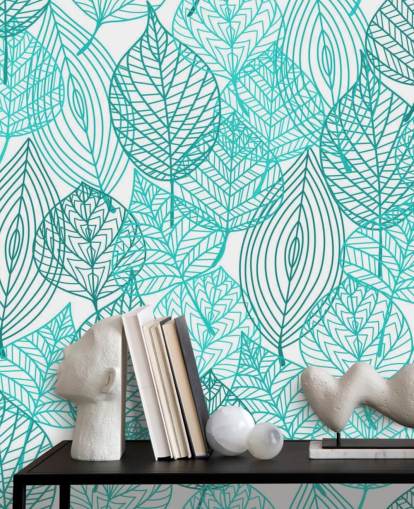 Papier peint de feuilles dessinées bleues