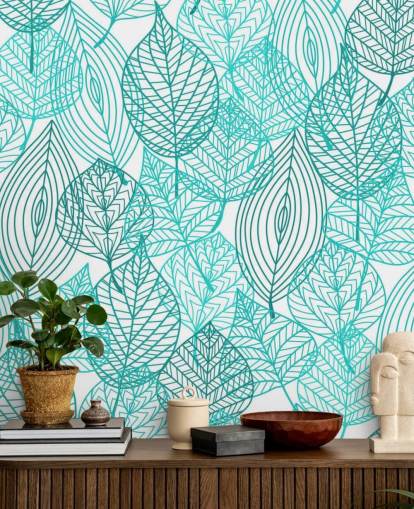 Papel pintado de hojas dibujadas azules