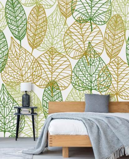 green and golden leaf wallpaper mural called Colours of Autumn for bathrooms, kitchens and living rooms