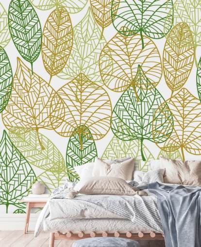 green and golden leaf wallpaper mural called Colours of Autumn for bathrooms, kitchens and living rooms