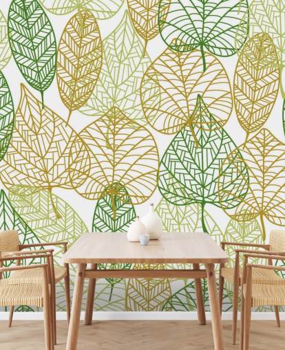 mural de papel de parede de folhas verdes e douradas chamado Colours of Autumn para banheiros, cozinhas e salas de estar