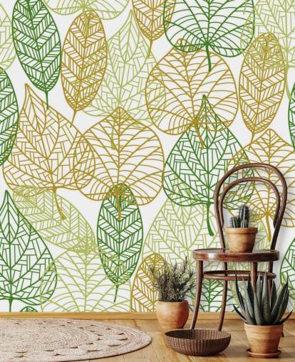 Tapetentapete mit grünen und goldenen Blättern namens Colours of Autumn für Badezimmer, Küchen und Wohnzimmer Tapetentapete mit grünen und goldenen Blättern namens Colours of Autumn für Badezimmer, Küchen und Wohnzimmer