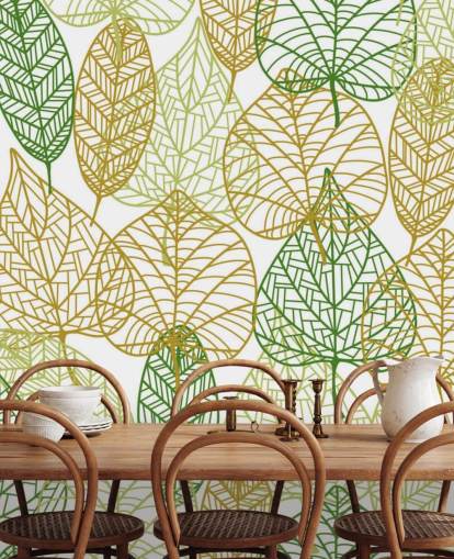 mural de papel de parede de folhas verdes e douradas chamado Colours of Autumn para banheiros, cozinhas e salas de estar mural de papel de parede de folhas verdes e douradas chamado Colours of Autumn para banheiros, cozinhas e salas de estar