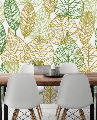 mural de papel pintado con hojas verdes y doradas llamado Colors of Autumn para baños, cocinas y salas de estar