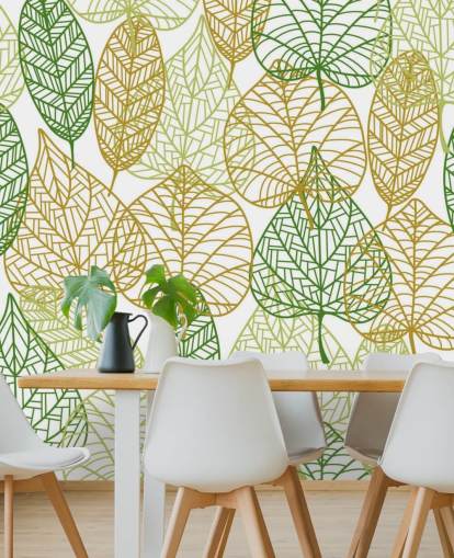 green and golden leaf wallpaper mural called Colors of Autumn for bathrooms, kitchens and living rooms