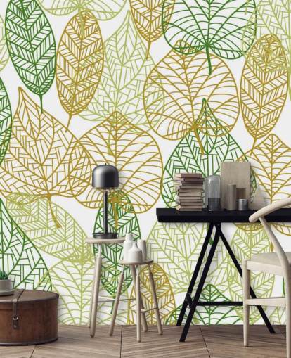 papier peint mural à feuilles vertes et dorées appelé Colours of Autumn pour les salles de bain, les cuisines et les salons