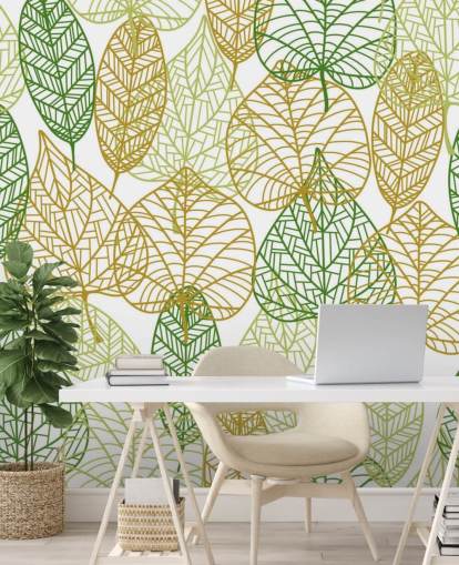 groene en bladgouden muurschildering genaamd Colours of Autumn voor badkamers, keukens en woonkamers