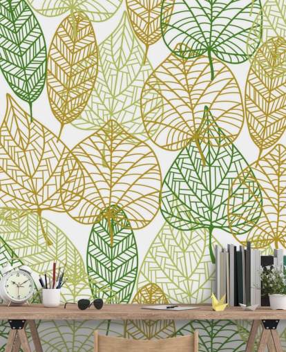 mural de papel pintado con hojas verdes y doradas llamado Colors of Autumn para baños, cocinas y salas de estar
