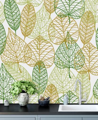 green and golden leaf wallpaper mural called Colors of Autumn for bathrooms, kitchens and living rooms