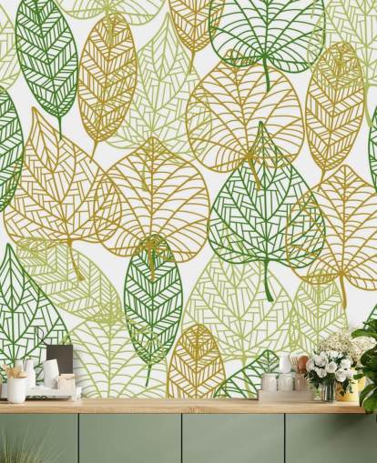 mural de papel de parede de folhas verdes e douradas chamado Colours of Autumn para banheiros, cozinhas e salas de estar