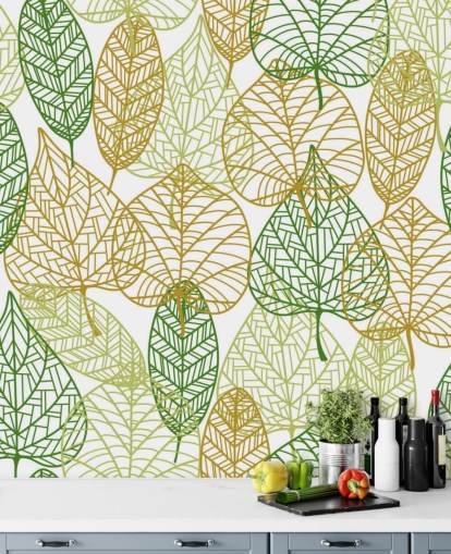 green and golden leaf wallpaper mural called Colors of Autumn for bathrooms, kitchens and living rooms
