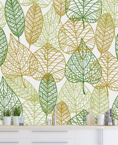 green and golden leaf wallpaper mural called Colors of Autumn for bathrooms, kitchens and living rooms