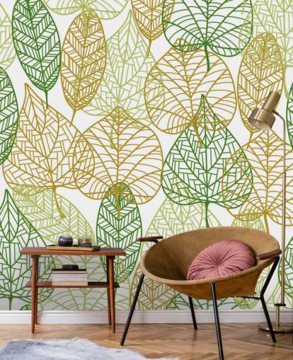 mural de papel pintado con hojas verdes y doradas llamado Colors of Autumn para baños, cocinas y salas de estar