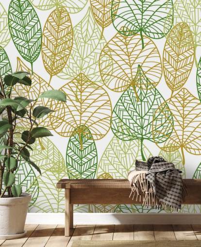 mural de papel pintado con hojas verdes y doradas llamado Colors of Autumn para baños, cocinas y salas de estar mural de papel pintado con hojas verdes y doradas llamado Colors of Autumn para baños, cocinas y salas de estar