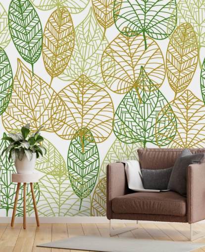 mural de papel pintado con hojas verdes y doradas llamado Colors of Autumn para baños, cocinas y salas de estar mural de papel pintado con hojas verdes y doradas llamado Colors of Autumn para baños, cocinas y salas de estar