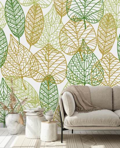 Tapetentapete mit grünen und goldenen Blättern namens Colours of Autumn für Badezimmer, Küchen und Wohnzimmer