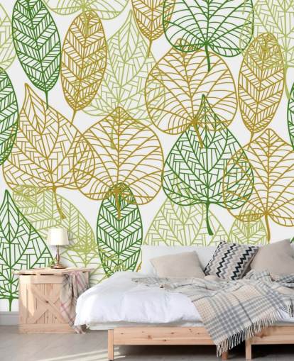 green and golden leaf wallpaper mural called Colours of Autumn for bathrooms, kitchens and living rooms