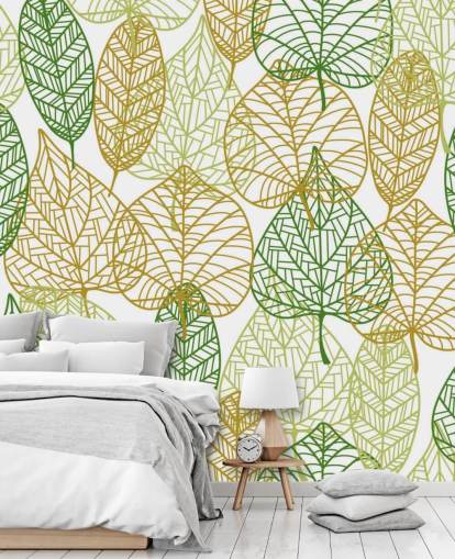 mural de papel pintado con hojas verdes y doradas llamado Colors of Autumn para baños, cocinas y salas de estar
