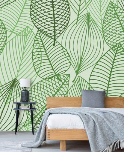 mural de papel pintado de hojas verdes llamado Hojas otoñales verdes para baños, dormitorios y oficinas