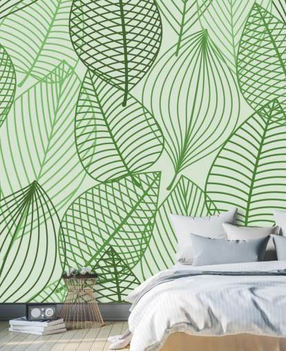 behangmuurschildering met groene bladeren genaamd Green Autumnal Leaves voor badkamers, slaapkamers en kantoren behangmuurschildering met groene bladeren genaamd Green Autumnal Leaves voor badkamers, slaapkamers en kantoren