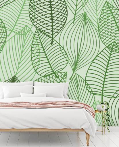 behangmuurschildering met groene bladeren genaamd Green Autumnal Leaves voor badkamers, slaapkamers en kantoren